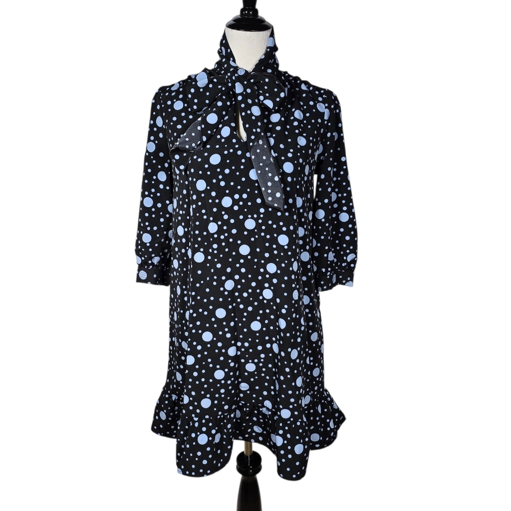 Who What Wear XS Black and Blue Polka Dot Ruffle Shift Dress